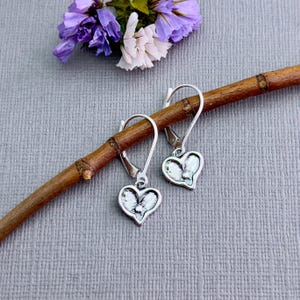 Sterling Silver Heart Earrings Dainty Charm Design Romantic Gift Idea Oxidized Silver Finish Everyday Jewelry Accessory Tiny Delicate Size Leverback Option Available Handmade Artisan Quality Perfect Valentine Present Anniversary Gift
