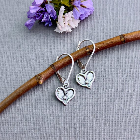 Tiny Heart Earring Sterling Silver Dangle Charm Oxidized Jewelry Everyday Dainty Minimalist Design Leverback Feminine Style Simple CG199