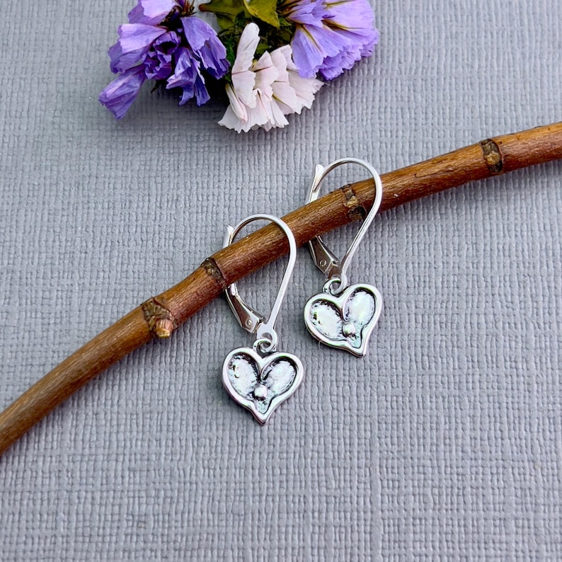 Sterling Silver Heart Earrings Dainty Charm Design Romantic Gift Idea Oxidized Silver Finish Everyday Jewelry Accessory Tiny Delicate Size Leverback Option Available Handmade Artisan Quality Perfect Valentine Present Anniversary Gift