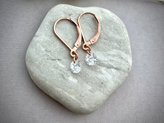 Dangling Cubic Zirconia Solitaire Leverback Earrings 1 Carat Brilliant Cut Floating CZ Minimalist Jewelry 14k Rose Gold Gold Filled E229 Etsy
