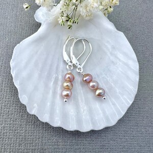 Elegant Pearl Earrings Pink Freshwater Design Dainty Stacked Trio Minimalist Jewelry Wedding Accessory Bridal Collection Feminine Gift Gold Filled Option Sterling Silver Choice Comfortable Leverback Secure Fit Special Occasion Wear Everyday