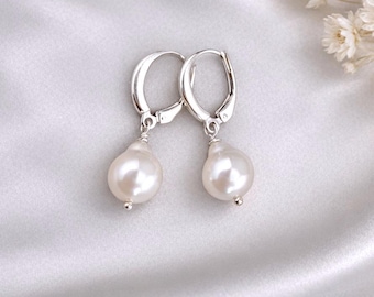 Pearl Drop Earrings Silver Baroque Freshwater Pearl Earrings Round 925 Sterling Silver Leverbacks 10x11mm Elegant Earrings E707
