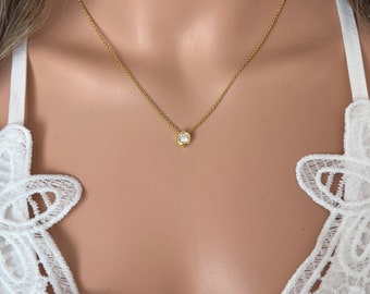 CZ pendant, gold floating cubic zirconia diamond bezel, brilliant 7mm 1.3 carat bridesmaid, maid of honor gift, minimalist necklace N313G
