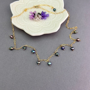 Black pearl necklace 14k gold filled chain necklace with dainty peacock freshwater pearl dangles gifts for her Boho summer jewelry N104G