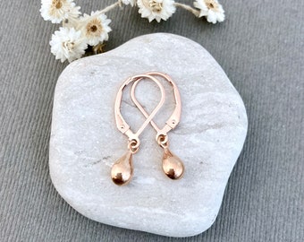 Rose gold teardrop earrings, lever back earrings, dainty, small dangle drops, simple modern minimalist, rose gold jewelry HS659R