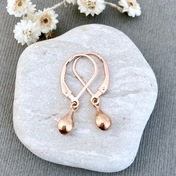 Rose gold teardrop earrings, lever back earrings, dainty, small dangle drops, simple modern minimalist, rose gold jewelry HS659R