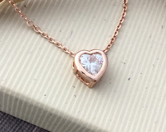 CZ necklace, rose gold heart necklace, floating cubic zirconia charm, wedding bridesmaid proposal, gift for girlfriend, daughter gift N137R