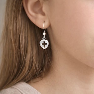 Heart cross earrings Religious jewelry sterling silver leverbacks god daughter confirmation gift Christian faith minimalist style CG262S