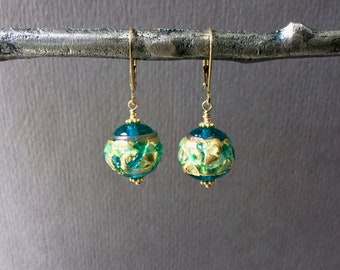 Murano glass earrings, green, gold turquoise blue lampwork beads, gold filled leverback earrings, unique jewelry gift for mom MN611