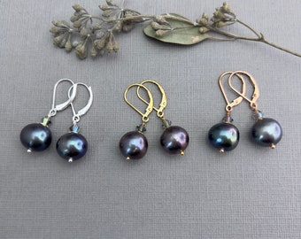 Black pearl earrings, gold filled leverback earrings, 10mm round peacock freshwater pearls with crystal accents, everyday earrings E660G