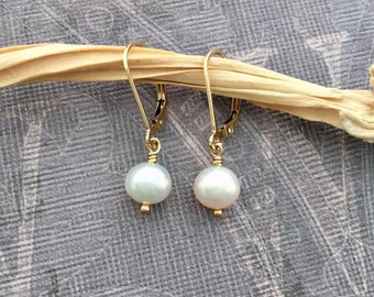 Small pearl earrings, real pearl earrings, 14k gold filled leverback earrings, AAA white round pearls, pearl drop earrings E483G