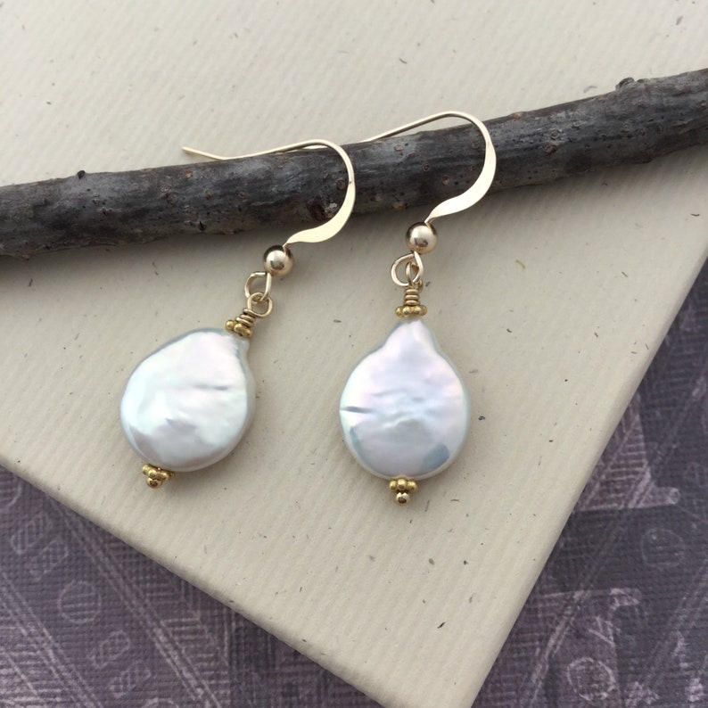 White coin pearl earrings, freshwater baroque real pearls, gold filled lever back dangle earrings. Mother's Day gift ideas for Mom E140G image 7