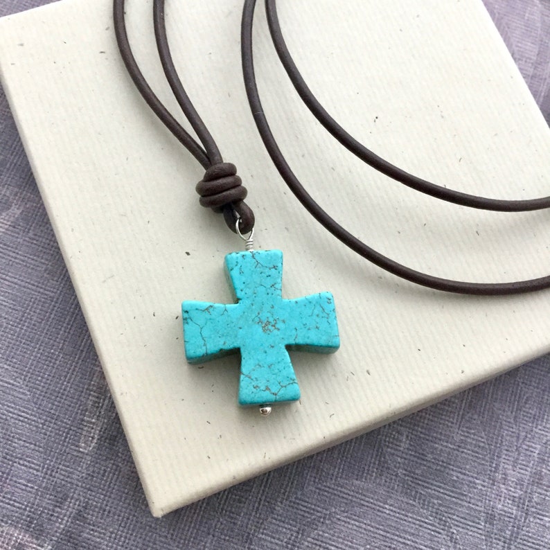 Turquoise Cross Necklace Leather Cord Necklace Greek Cross Etsy