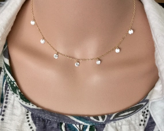 Satellite Necklace Diamonds By The Yard Station Necklace Dangling Cz Cubic Zirconia Choker Necklace 14k Gold Filled Chain