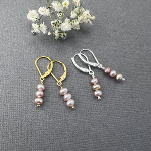 Minimalist Pearl Jewelry Pink Earrings Dainty Design Freshwater Trio Stacked Elegant Style Wedding Accessory Bridal Collection Bridesmaid Gift Birthday Present Feminine Look Gold Filled Option Sterling Silver Choice Comfortable Leverback