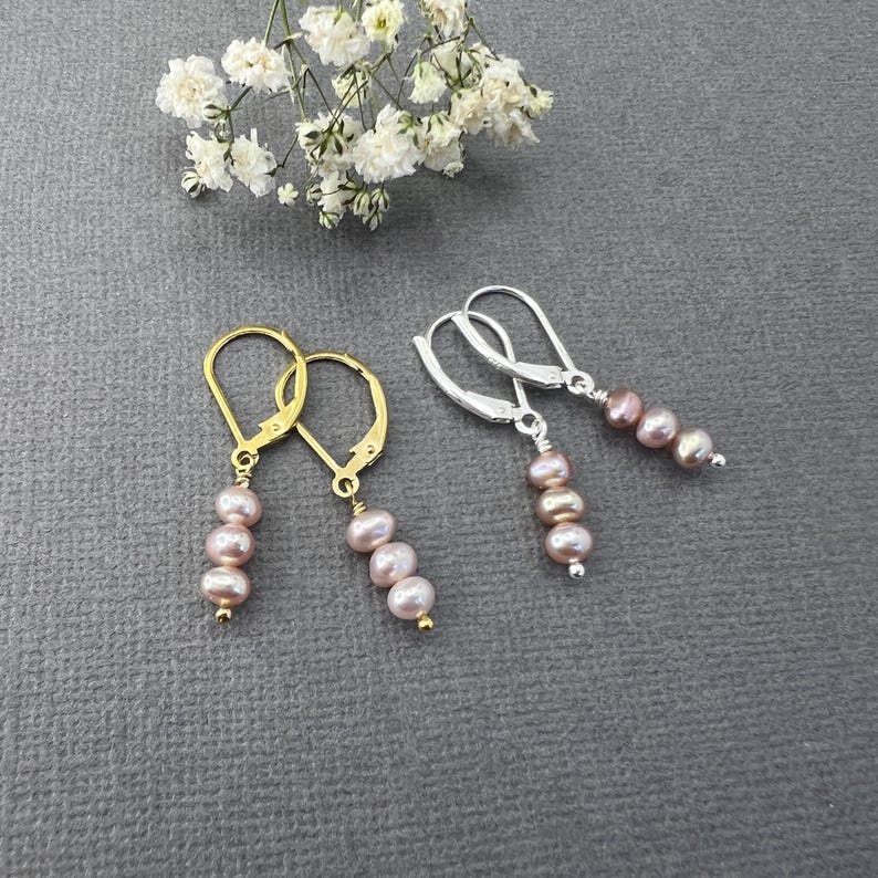 Minimalist Pearl Jewelry Pink Earrings Dainty Design Freshwater Trio Stacked Elegant Style Wedding Accessory Bridal Collection Bridesmaid Gift Birthday Present Feminine Look Gold Filled Option Sterling Silver Choice Comfortable Leverback