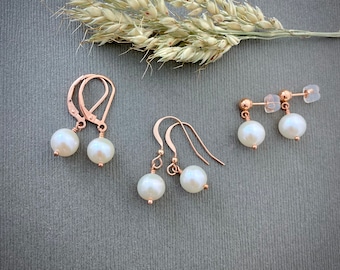 Rose gold pearl earrings, 8mm AA pearls, classic real pearl earrings, leverback, hoop or ball ear wire E537R-HK