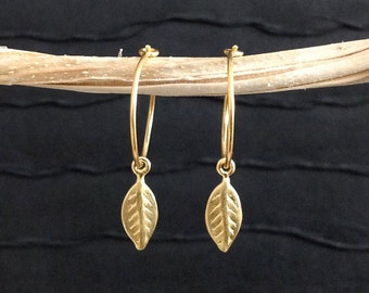 Gold Leaf Earrings - 24kt gold vermeil 15mm hoop - minimalist, everyday jewelry E324