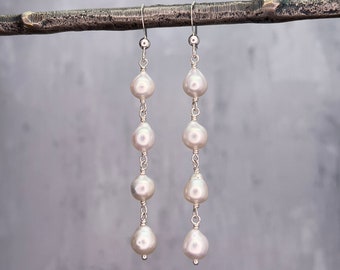 Long baroque pearl earrings, 4 pearl linear dangle earrings, sterling silver leverback earrings, elegant handmade wedding jewelry E759S