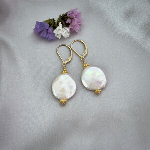 White coin pearl earrings, freshwater baroque real pearls, gold filled lever back dangle earrings. Mother's Day gift ideas for Mom E140G image 2