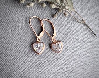 Rose gold cz lever back earrings, cubic zirconia hearts, simple, dainty jewelry, gifts for her, daughter gift, 14k rose gold filled BC504R
