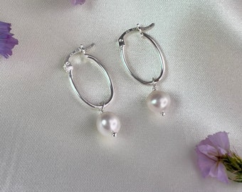 Sterling silver huggie hoop drop pearl earrings, thin oval latch back hoop earrings, 7mm small white round AAA+ pearls, gifts for her HS305S