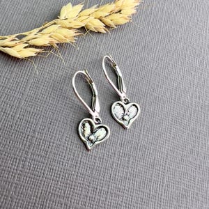 Tiny Heart Earrings Sterling Silver Dangle Charm Oxidized Jewelry Everyday Accessory Dainty Minimalist Design Leverback Feminine Style Simple Elegant Handcrafted Artisan Quality Lightweight Comfortable Wear Perfect Daily Accessory Romantic