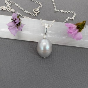 Silver gray pearl pendant necklace, large oval real freshwater pearl, sterling silver, gifts for mom, her N523