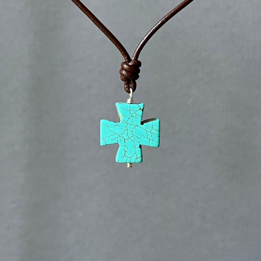 Turquoise Cross Necklace, Leather Cord Necklace, Greek Cross Pendant