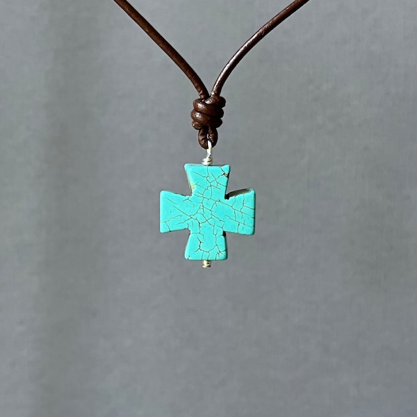 Turquoise cross necklace, leather cord necklace, Greek cross pendant, unisex mens jewelry, gifts for men N150