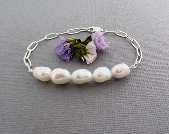 Sterling silver paperclip chain and white pearl bracelet, freshwater pearls, half chain & pearl adjustable bracelet