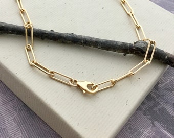 14k Gold Filled Paperclip necklace, chunky thick rectangle link choker, lobster clasp, paper clip gold layering necklace N365G-LB