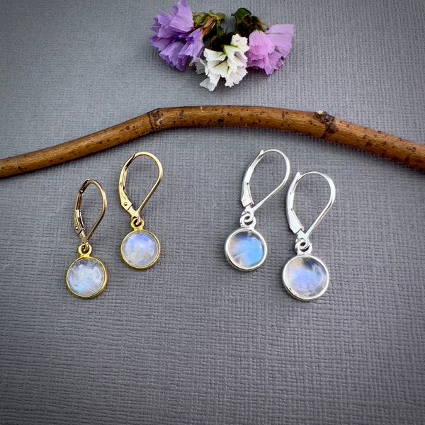 Moonstone gold or silver earrings, June birthday gift, birthstone, 8mm round cabochon bezel, blue flash, simple minimalist jewelry E343