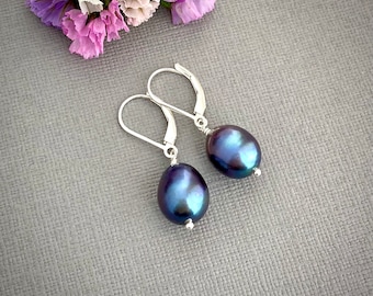 Black pearl earrings, sterling silver leverback earrings, oval freshwater peacock pearls E467