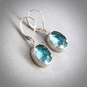 Aquamarine earrings, statement earrings, dangle earrings, glass framed stone, sterling, gold, rose gold leverback earrings E528G-Aq