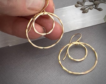 Gold hoop earrings, front facing large double circle dangles, hammered gold filled earrings, gifts for her, girlfriend gift CG468G-14/26