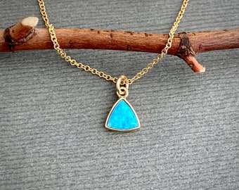 Dainty gold opal necklace, simple bright turquoise fire opal triangle charm, October birthstone, birthday gift, girlfriend gift E652G