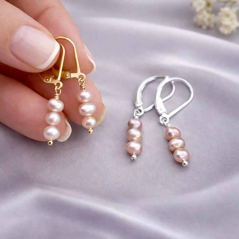 Pink Pearl Earring Dainty Design Elegant Style Minimalist Jewelry Wedding Bridal Collection Feminine Gift Birthday Idea Bridesmaid E735G-3 image 6