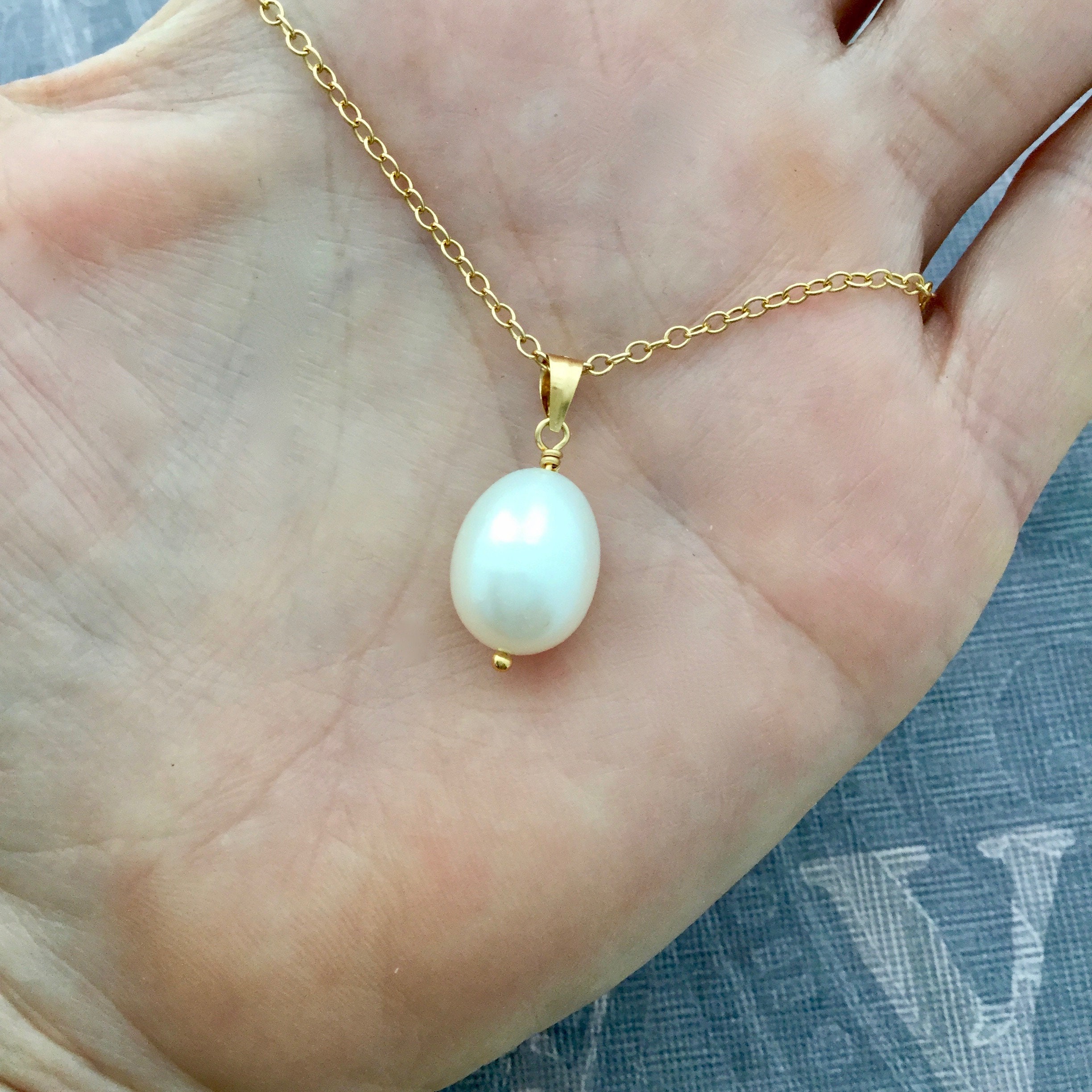 Pearl drop necklace gold filled chain single oval real pearl Etsy