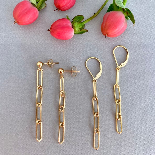 Gold paperclip chain earrings 14k gold filled link dangle earrings minimalist gold drop earrings modern everyday jewelry for her N365G