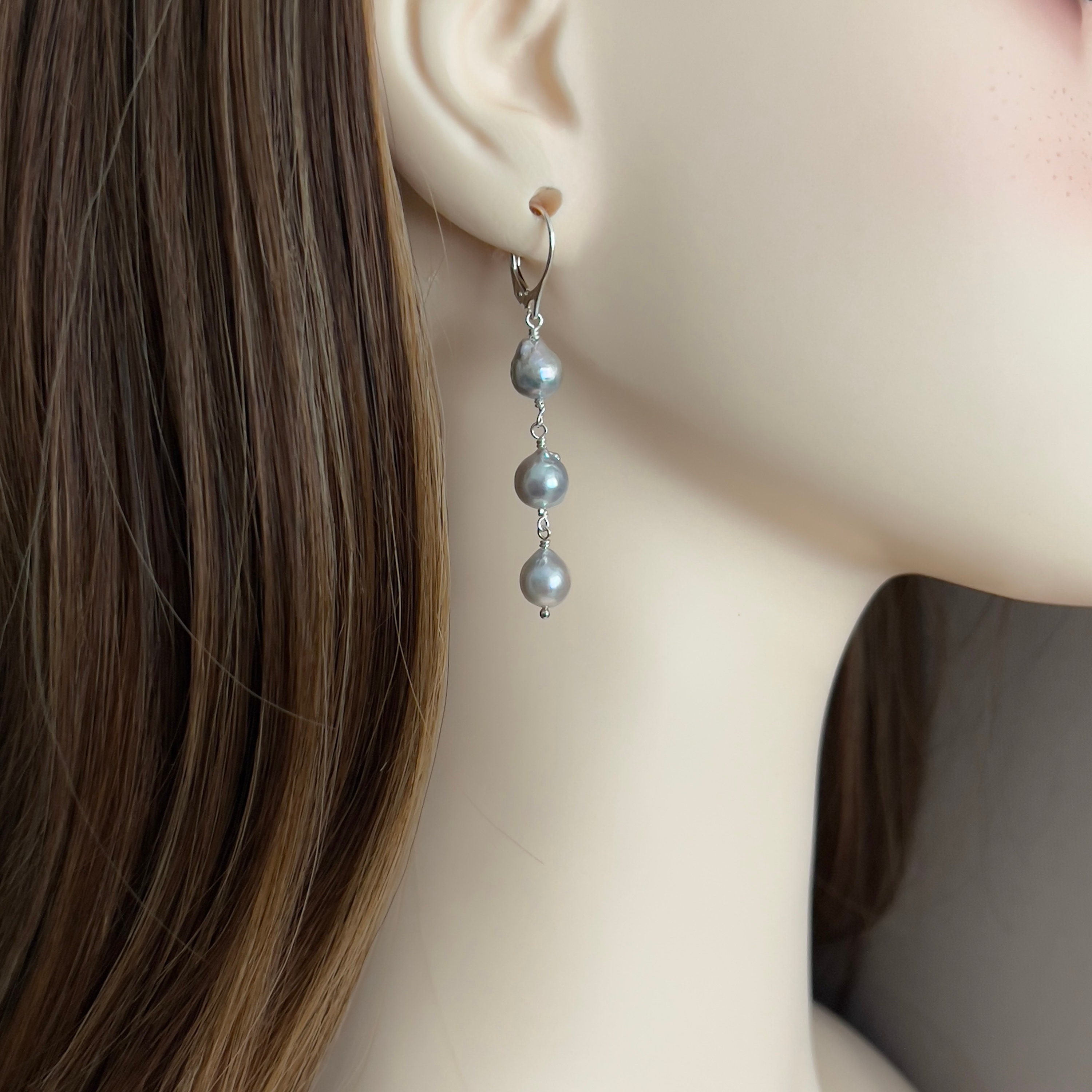 Blue Japanese Akoya Saltwater 3 Wire Wrapped Linear Pearl