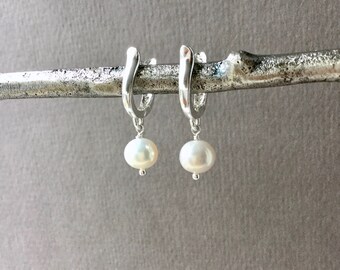 Hoop Pearl Earrings, Sterling Silver huggie U-hoops, real AAA+ pearl drop earrings, bridal, wedding, everyday classic earrings E410S-W