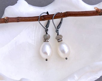 Oxidized Silver Leverback Earrings with Baroque Pearls Labradorite and Crystal Accents - Unique Jewelry Gifts for Mom E541