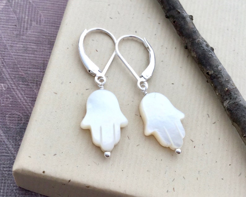 Mother of pearl Hamsa hand necklace Hand of Fatima sideways charm protection amulet Talisman jewelry N347S sterling silver chain choker