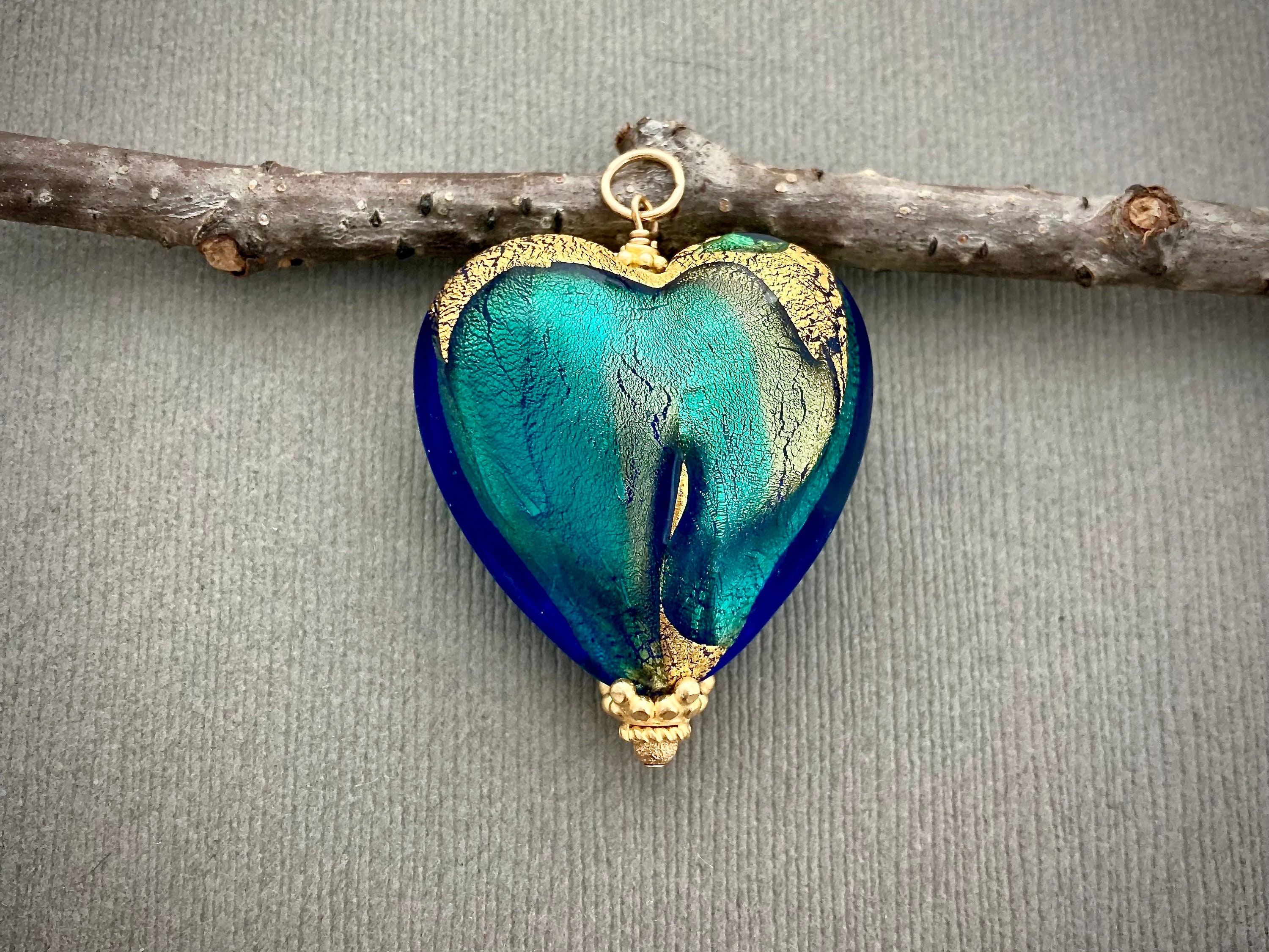 Aqua Gold Heart Handmade Lampwork Murano Glass Bead Pendant Ribbon Necklace Cord Aqua Gold Heart Handmade Lampwork Murano Glass Bead Pendant Ribbon Necklace Cord