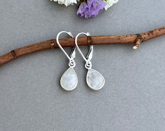 Moonstone earrings, sterling silver teardrop rainbow moonstone bezel leverback earrings, gifts for her, simple minimalist jewelry CG344S