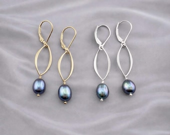 Black pearl dangle earrings long marquise drops with peacock freshwater pearls sterling silver or gold vermeil lever back earrings ND641-sm