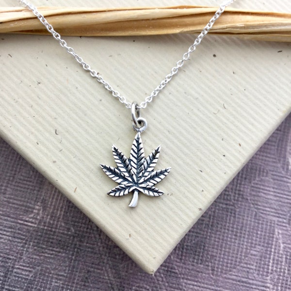 Sterling silver cannabis leaf charm necklace, Marijuana weed THC CBD jewelry, 420 jewelry, everyday necklace, stoner gift N237