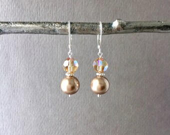 Crystal pearl earrings, dark bronze topaz champagne crystal pearls, gift for mom E602S-DT