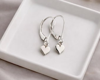 Sterling silver heart earrings dainty small leverback dangle earrings simple minimalist jewelry gift for her daughter gift ND681S